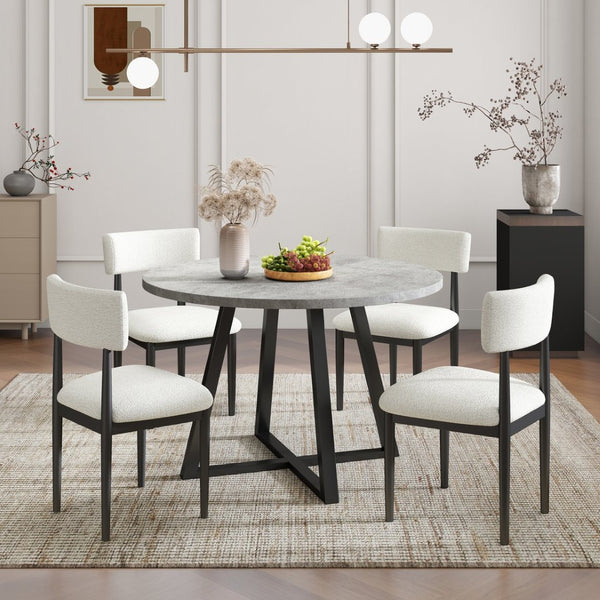 English Elm Edo Round Trestle Dining Set Rubberwood Boucle Chairs Contemporary Five Piece Black T2574S00375