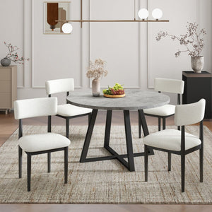 English Elm Edo Round Trestle Dining Set Rubberwood Boucle Chairs Contemporary Five Piece Black T2574S00375