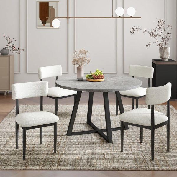 English Elm Edo Round Trestle Dining Set Rubberwood Boucle Chairs Contemporary Five Piece Black T2574S00375