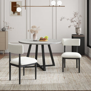 English Elm Edo Round Trestle Dining Set Rubberwood Boucle Chairs Contemporary Five Piece Black T2574S00375