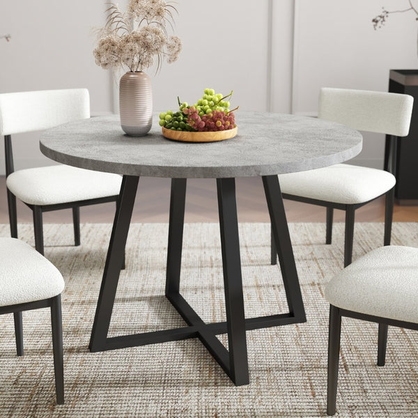 English Elm Edo Round Trestle Dining Set Rubberwood Boucle Chairs Contemporary Five Piece Black T2574S00375