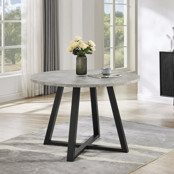 English Elm Edo Round Trestle Dining Set Rubberwood Boucle Chairs Contemporary Five Piece Black T2574S00375