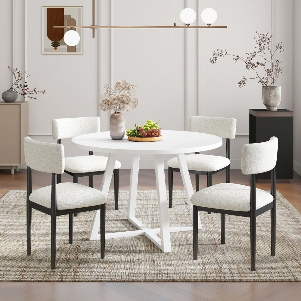 English Elm Edo Round Trestle Dining Set Rubberwood Boucle Chairs Contemporary Five Piece White T2574S00376