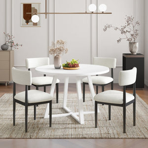 English Elm Edo Round Trestle Dining Set Rubberwood Boucle Chairs Contemporary Five Piece White T2574S00376