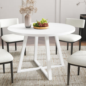 English Elm Edo Round Trestle Dining Set Rubberwood Boucle Chairs Contemporary Five Piece White T2574S00376