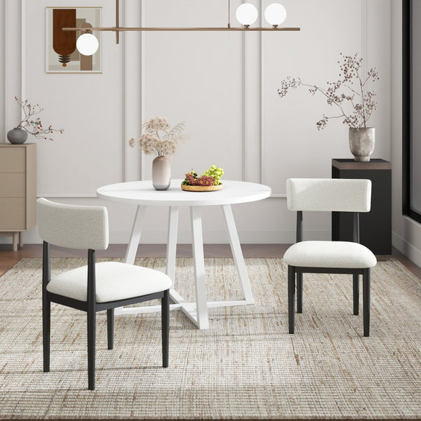 English Elm Edo Round Trestle Dining Set Rubberwood Boucle Chairs Contemporary Five Piece White T2574S00376