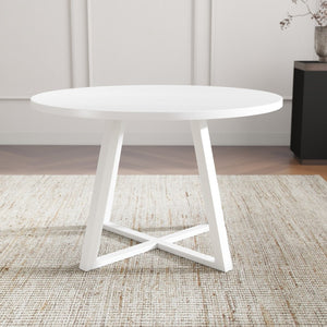 English Elm Edo Round Trestle Dining Set Rubberwood Boucle Chairs Contemporary Five Piece White T2574S00376