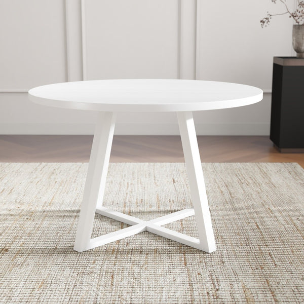 English Elm Edo Round Trestle Dining Set Rubberwood Boucle Chairs Contemporary Five Piece White T2574S00376