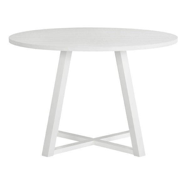 English Elm Edo Round Trestle Dining Set Rubberwood Boucle Chairs Contemporary Five Piece White T2574S00376