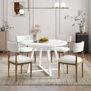 English Elm Edo Round Trestle Dining Set Rubberwood Boucle Chairs Contemporary Five Piece Oak, White T2574S00377