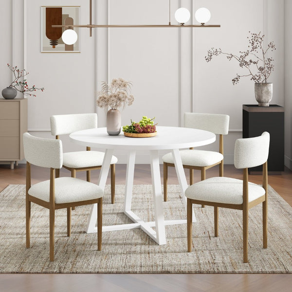 English Elm Edo Round Trestle Dining Set Rubberwood Boucle Chairs Contemporary Five Piece Oak, White T2574S00377