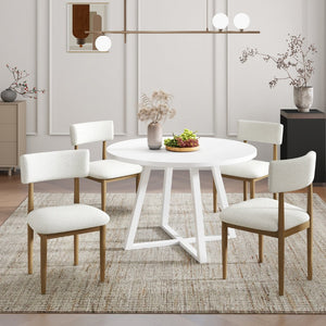 English Elm Edo Round Trestle Dining Set Rubberwood Boucle Chairs Contemporary Five Piece Oak, White T2574S00377