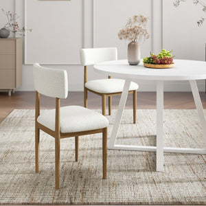 English Elm Edo Round Trestle Dining Set Rubberwood Boucle Chairs Contemporary Five Piece Oak, White T2574S00377