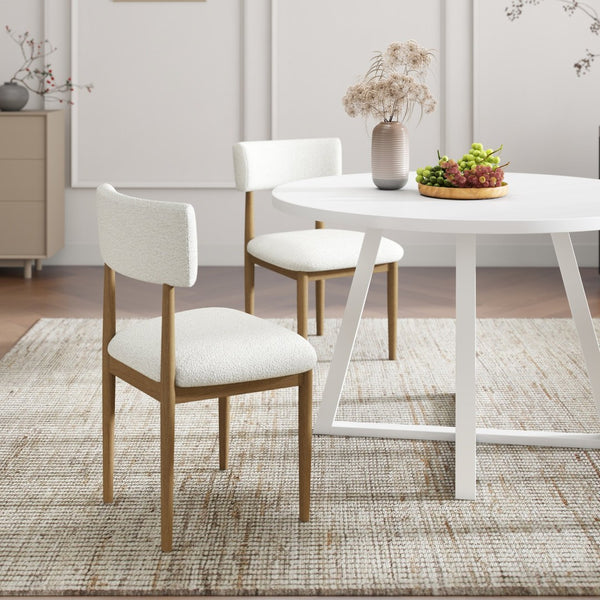 English Elm Edo Round Trestle Dining Set Rubberwood Boucle Chairs Contemporary Five Piece Oak, White T2574S00377