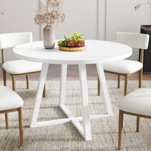 English Elm Edo Round Trestle Dining Set Rubberwood Boucle Chairs Contemporary Five Piece Oak, White T2574S00377