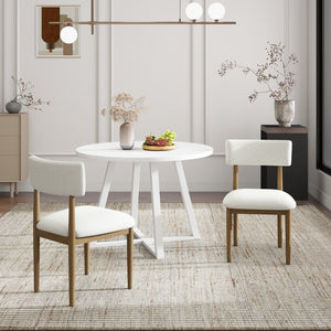 English Elm Edo Round Trestle Dining Set Rubberwood Boucle Chairs Contemporary Five Piece Oak, White T2574S00377