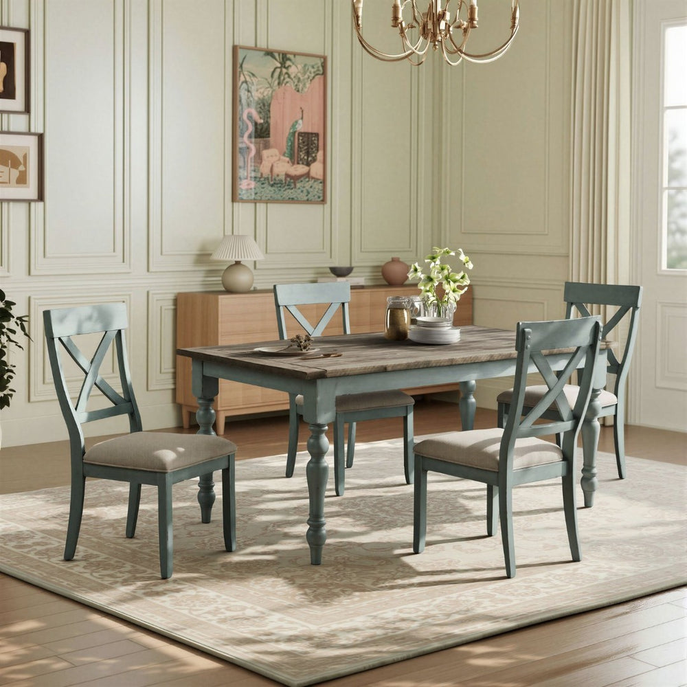 English Elm Prato Farmhouse Dining Set with Four Cross Back Chairs Carved Pine and Antique Blue T2574S00378