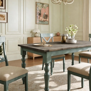 English Elm Prato Farmhouse Dining Set with Four Cross Back Chairs Carved Pine and Antique Blue T2574S00378