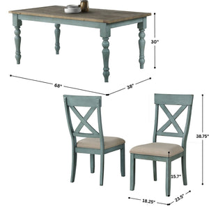 English Elm Prato Farmhouse Dining Set with Four Cross Back Chairs Carved Pine and Antique Blue T2574S00378