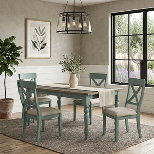 English Elm Prato Farmhouse Dining Set with Four Cross Back Chairs Carved Pine and Antique Blue T2574S00378