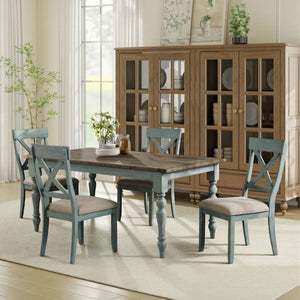 English Elm Prato Farmhouse Dining Set with Four Cross Back Chairs Carved Pine and Antique Blue T2574S00378