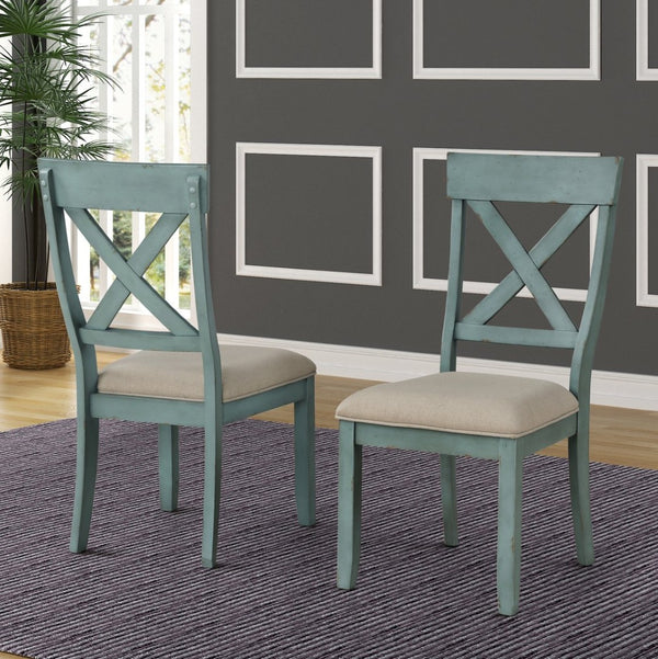 English Elm Prato Farmhouse Dining Set with Four Cross Back Chairs Carved Pine and Antique Blue T2574S00378