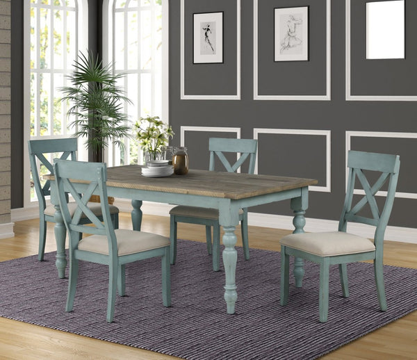English Elm Prato Farmhouse Dining Set with Four Cross Back Chairs Carved Pine and Antique Blue T2574S00378