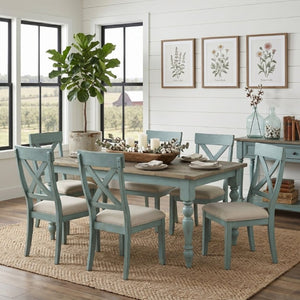 English Elm Prato Farmhouse Dining Set Solid Pine Table Six Cross Back Chairs Antique Blue T2574S00379