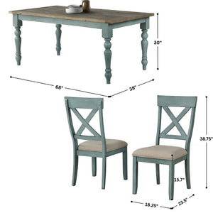 English Elm Prato Farmhouse Dining Set Solid Pine Table Six Cross Back Chairs Antique Blue T2574S00379