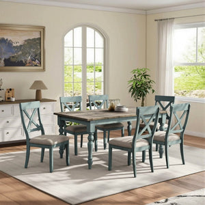 English Elm Prato Farmhouse Dining Set Solid Pine Table Six Cross Back Chairs Antique Blue T2574S00379