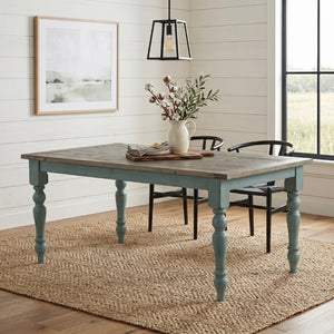 English Elm Prato Farmhouse Dining Set Solid Pine Table Six Cross Back Chairs Antique Blue T2574S00379