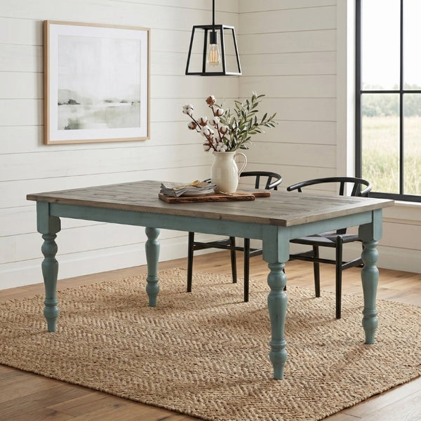 English Elm Prato Farmhouse Dining Set Solid Pine Table Six Cross Back Chairs Antique Blue T2574S00379