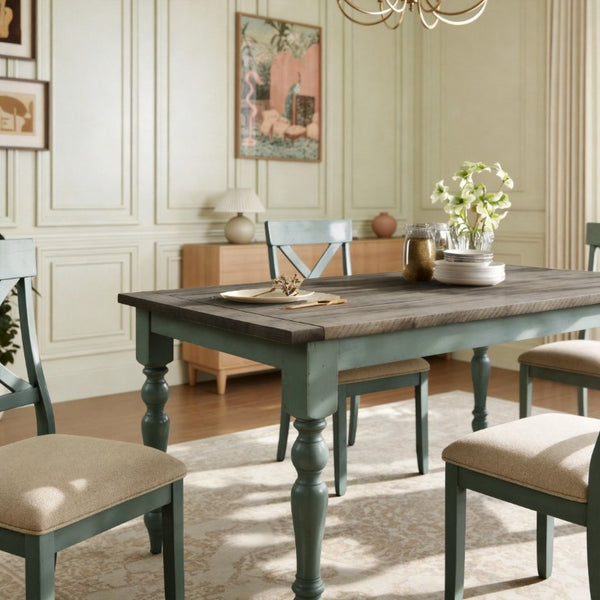 English Elm Prato Farmhouse Dining Set Solid Pine Table Six Cross Back Chairs Antique Blue T2574S00379