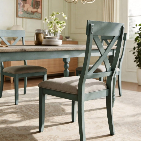 English Elm Prato Farmhouse Dining Set Solid Pine Table Six Cross Back Chairs Antique Blue T2574S00379