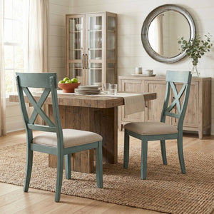 English Elm Prato Farmhouse Dining Set Solid Pine Table Six Cross Back Chairs Antique Blue T2574S00379
