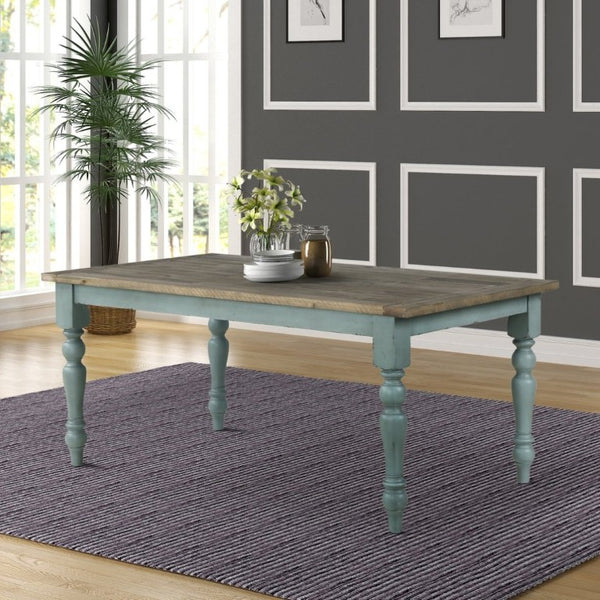 English Elm Prato Farmhouse Dining Set Solid Pine Table Six Cross Back Chairs Antique Blue T2574S00379