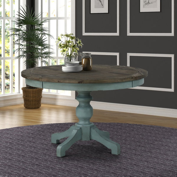 English Elm Prato Round Farmhouse Dining Table Carved Pedestal Base Seats Four Antique Finish T2574S00380