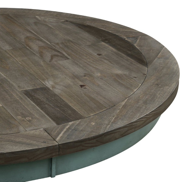 English Elm Prato Round Farmhouse Dining Table Carved Pedestal Base Seats Four Antique Finish T2574S00380