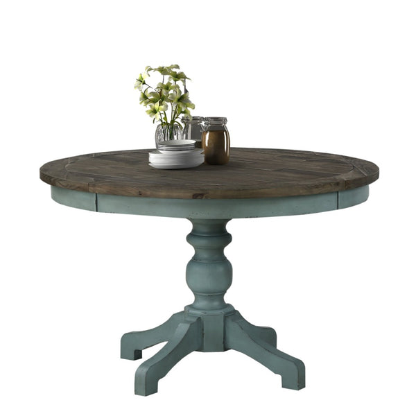 English Elm Prato Round Farmhouse Dining Table Carved Pedestal Base Seats Four Antique Finish T2574S00380