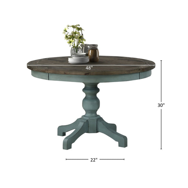 English Elm Prato Round Farmhouse Dining Table Carved Pedestal Base Seats Four Antique Finish T2574S00380