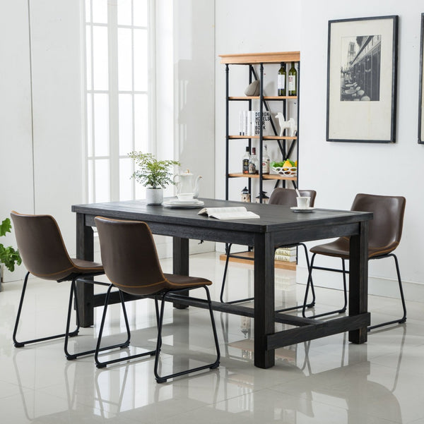 English Elm Bronco Weathered Wood Rectangular Dining Set with Pu Leather Upholstered Chairs Antique Brown T2574S00381
