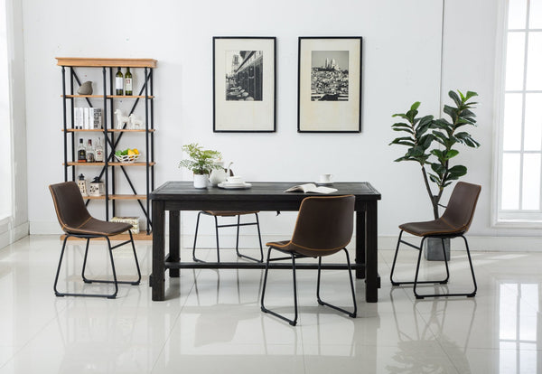 English Elm Bronco Weathered Wood Rectangular Dining Set with Pu Leather Upholstered Chairs Antique Brown T2574S00381