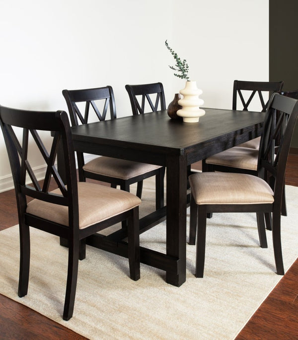 English Elm Hensfield Solid Wood Rectangular Dining Set with Six Cross-back Linen Seat Chairs T2574S00386