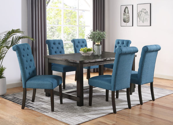 English Elm Leviton Distressed Antique Wood Rectangular Dining Set Seats Six with Tufted Chairs Blue T2574S00391