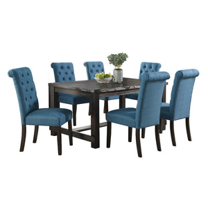 English Elm Leviton Distressed Antique Wood Rectangular Dining Set Seats Six with Tufted Chairs Blue T2574S00391