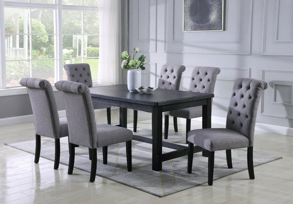 English Elm Leviton Distressed Antique Wood Rectangular Dining Set Seats Six with Tufted Chairs Gray T2574S00392