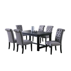 English Elm Leviton Distressed Antique Wood Rectangular Dining Set Seats Six with Tufted Chairs Gray T2574S00392