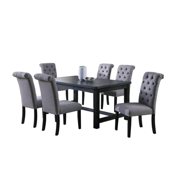English Elm Leviton Distressed Antique Wood Rectangular Dining Set Seats Six with Tufted Chairs Gray T2574S00392