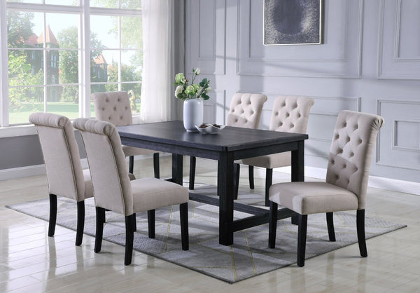 English Elm Leviton Distressed Antique Wood Rectangular Dining Set Seats Six with Tufted Chairs Tan T2574S00394