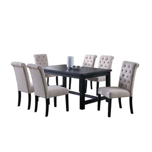 English Elm Leviton Distressed Antique Wood Rectangular Dining Set Seats Six with Tufted Chairs Tan T2574S00394